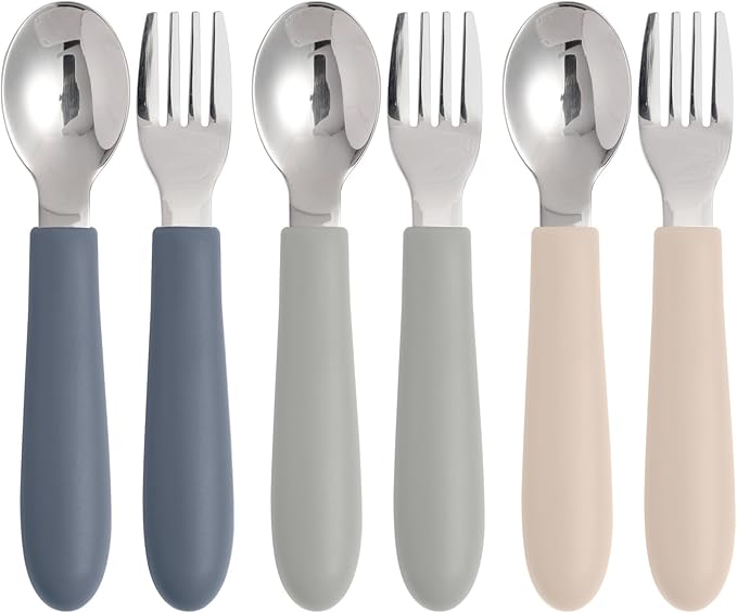 Eascrozn 6 Pack Toddler Utensils, Kids Silverware Set with Silicone Handle, Children Safe Forks and Spoons, 18/8 Stainless Steel, Food Grade Silicone Feeding Supplies, Dishwasher Safe