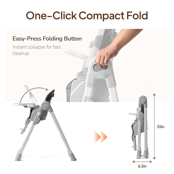 Tinyiota 4 in 1 High Chairs for Babies and Toddlers with Wheels, 8-Height Adjustable & 3-Position Recline, Easy Clean, Dishwasher Removable Tray, Foldable HighChair for Infant, Meets ASTM Safety, Grey