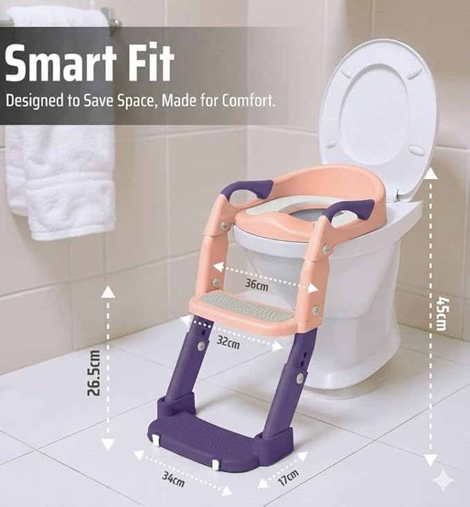 3-in-1 Toddler Potty Training Toilet Seat with Foldable Ladder – Adjustable Toddler Toilet Seat for Boys & Girls with Soft Cushion, Ergonomic Backrest, Non-Slip Pedal and Safety Grips (Pink & Purple)
