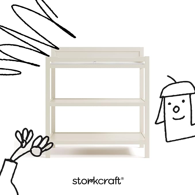 Storkcraft Alpine Changing Table (Frosted Oat) - Includes Water Resistant Changing Pad with Safety Strap, 2 Open Shelves for Storage