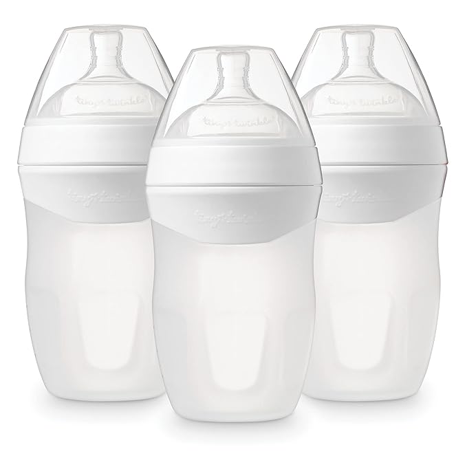 Tiny Twinkle Silicone Baby Bottle with Comfort Grip and Soft Flexible Nipple - Squeezably Soft Baby Bottles for Newborn and Up (White, 8 Ounce - 3 Pack)