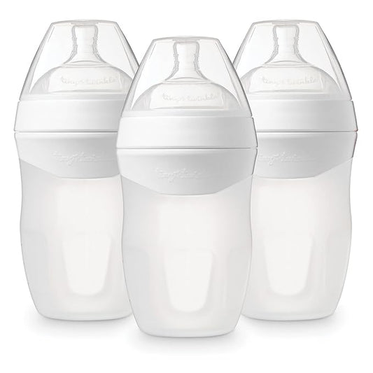 Tiny Twinkle Silicone Baby Bottle with Comfort Grip and Soft Flexible Nipple - Squeezably Soft Baby Bottles for Newborn and Up (White, 8 Ounce - 3 Pack)