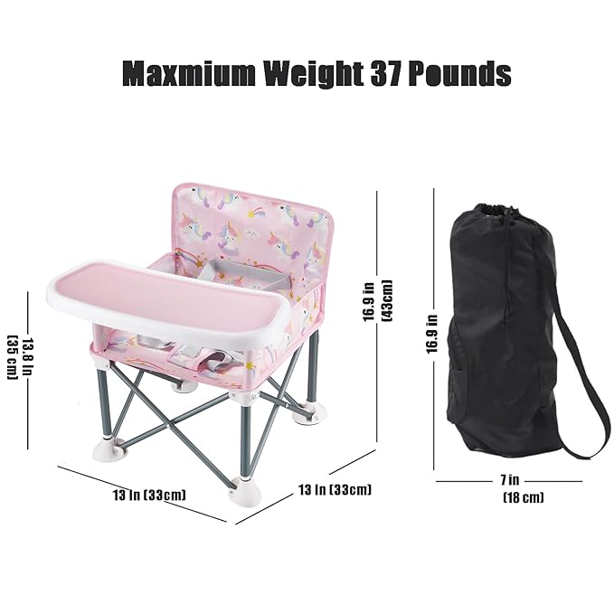 PandaEar Portable Baby Booster Seat | Compact Fold with Safety Straps & Feeding Tray for Indoor/Outdoor Use | Great for Travel, Camping, Beach, Lawn | Toddlers, Kids, Boys, Girls (Pink Unicorn)