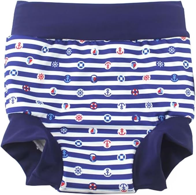 Leideur Baby Swim Nappies for Kids Cover Diaper High-Waisted Swimming Shorts (0-2 Years, Navy Stripe)