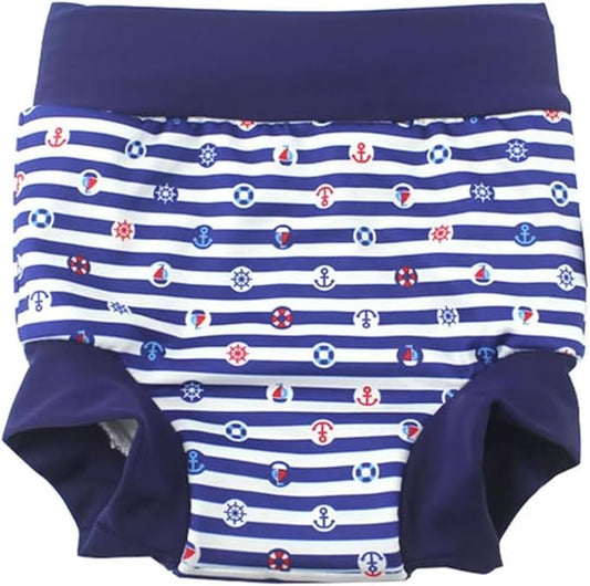 Leideur Baby Swim Nappies for Kids Cover Diaper High-Waisted Swimming Shorts (0-2 Years, Navy Stripe)