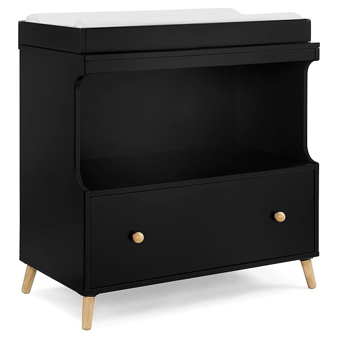 Delta Children Essex Convertible Changing Table with Drawer, Ebony/Natural & Foam Contoured Changing Pad with Waterproof Cover