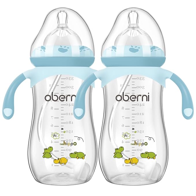 Oberni Toddler Milk Bottle 330ml/11oz, Anti-Colic Baby Bottle with Fast Variable Flow Nipple for 12 Months, Weigthed Straw, Non-Slip Handle, Blue/2Pack