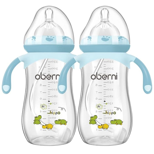 Oberni Toddler Milk Bottle 330ml/11oz, Anti-Colic Baby Bottle with Fast Variable Flow Nipple for 12 Months, Weigthed Straw, Non-Slip Handle, Blue/2Pack