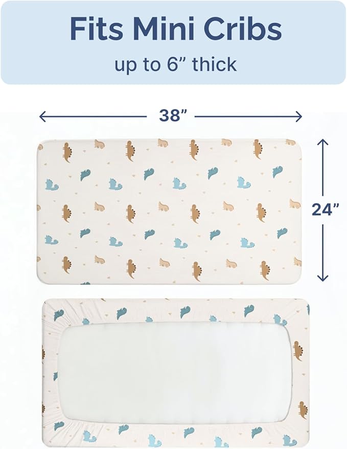 2-Pack Mini Crib Sheets Fitted - Pack N Play Sheets for Pack and Play Mattress - Stretchy Soft Microfiber Playard Bedding - Mini Toddler Bed Cover for Boys & Girls - Oeko-Tex - 38 x 24in, Cute Dinos