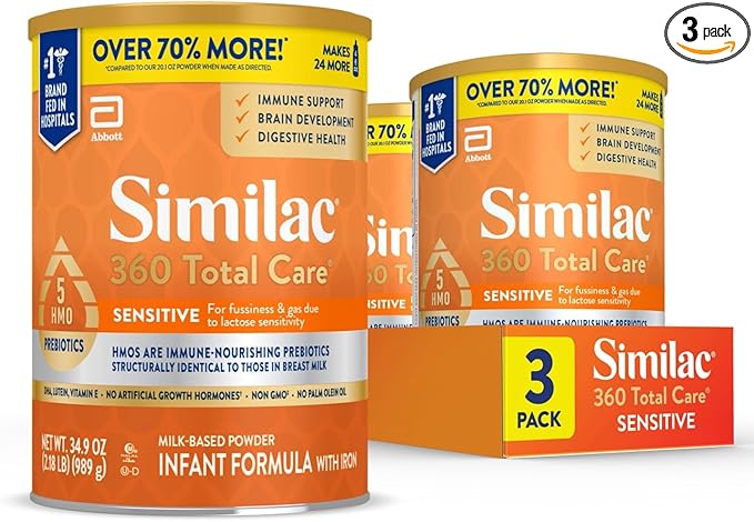 Similac 360 Total Care Sensitive Infant Formula for Fussiness & Gas Due to Lactose Sensitivity, Has 5 HMO Prebiotics, Baby Formula Powder, 34.9-oz Value Can, Pack of 3
