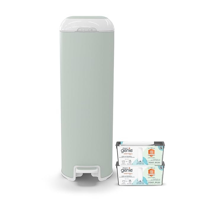 Platinum Diaper Pail Sage Green, Made of Durable Stainless Steel, Convenient Easy to Use Hands-Free Operation, Odor-Locking Pail, Includes 2 Easy Roll Refill with 18 and 30 Durable Bags