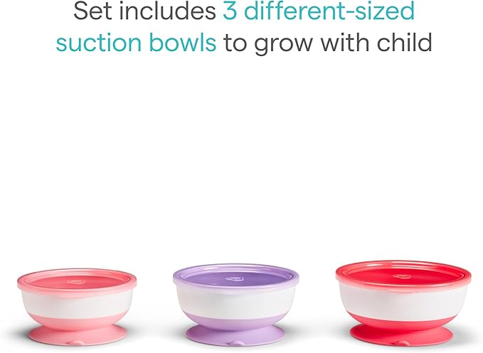 Munchkin Stay Put Munchkin Suction Baby Bowls with Lids - Dishes for Babies and Toddlers, Self-Feeding Bowl Set for Kids 6+ Months, 3 Pack, Pink/Purple