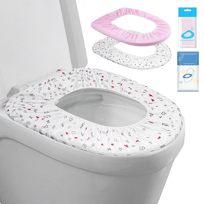 20 Pack Disposable Toilet Seat Cover Waterproof Non-Woven Fabric, Disposable Toilet Seat Covers for Travel, Disposable Seat Covers for Outing Hotel Hospital Public Toilet (Print+Pink)