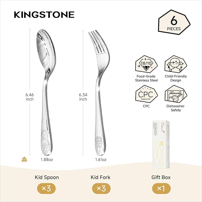 KINGSTONE Kids Silverware Set, 6-Piece Large Forks & Spoons, 18/10 Stainless Steel, Ergonomic Flatware for Self-Feeding Children, Home & Travel, Honey Bear Print