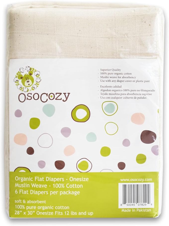 OsoCozy Organic Muslin Flat Cloth Diapers - Made of Ecologically Friendly, Soft, Absorbent, Double Layered 100% Organic Cotton. 6 Pack. OneSize Fits 12-30 Pounds.