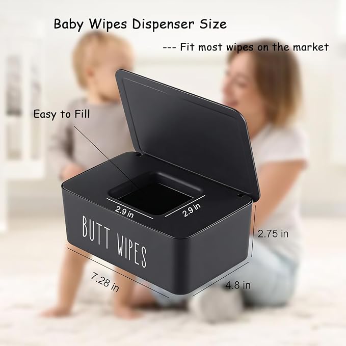 Butt Wipe Holder Flushable Baby Wipe Container Dispenser for Nursery Diaper Easy to Access,7.28"L x 4.80"W x 2.75"H (Black)