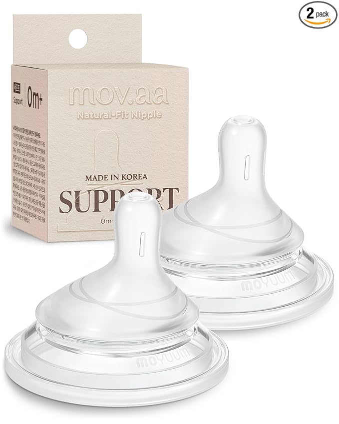 Moyuum Natural Fit Silicone Nipple for MOV.aa Bottles, Made in Korea, Perfect for Newborn, Anti-Colic Feed, Easy to Latch, from Breast to Bottle | Support Stage 0, Extra Slow Flow, 0m+ (2 Pack)