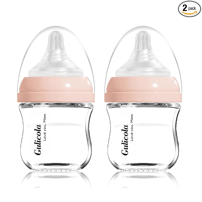 Gulicola Small Glass Baby Bottle for Newborn Breastfeeding Babies, Preemie & Extra Slow Flow Nipples (SS), Anti-Colic, Breast-Like, 0 Months+, 3 oz, 2 Pack - Pink