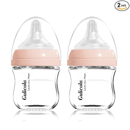 Gulicola Small Glass Baby Bottle for Newborn Breastfeeding Babies, Preemie & Extra Slow Flow Nipples (SS), Anti-Colic, Breast-Like, 0 Months+, 3 oz, 2 Pack - Pink