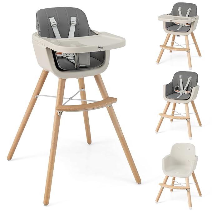 BABY JOY Baby High Chair, 3-in-1 Convertible Wooden Highchair for Babies & Toddlers, Infant Feeding Chair w/ 5-Point Safety Harness, Footrest, Adjustable Legs, Removable Tray & PU Cushion (Dark Gray)