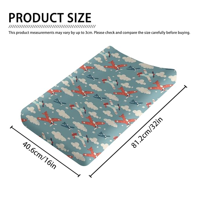 Cartoon Plane Stars Clouds Pattern Baby Changing Pad Cover, Unisex Plane Nursery Diaper Changing Table Pad Mat Sheet for Boys Girls-16x32