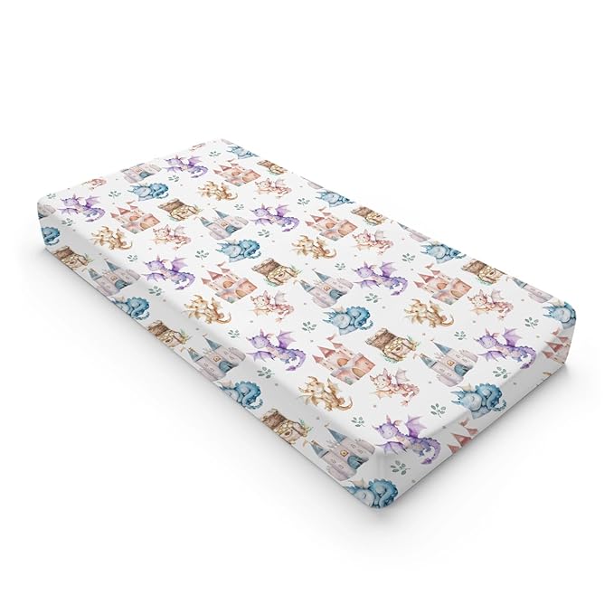 Cute Cartoon Dragon Castle Stars Leaves Baby Changing Pad Cover,Unisex Dragon Nursery Diaper Changing Table Pad Mat Sheet for Boys Girls-16x32