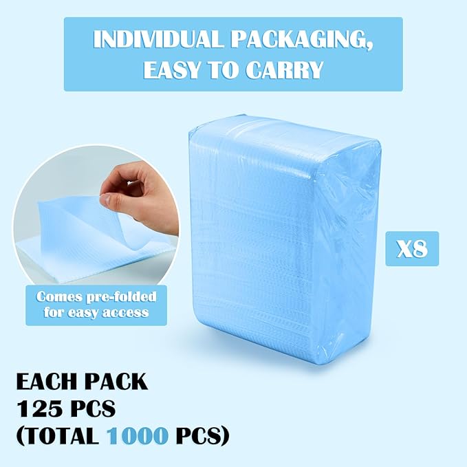 Mixweer 1000 Pcs Baby Disposable Changing Pads 13 x 18 Inch Quick Absorb Blue Diaper Changing Table Pads Sanitary Liners Soft Waterproof for Baby Child Adult Pets Travel Change Stations