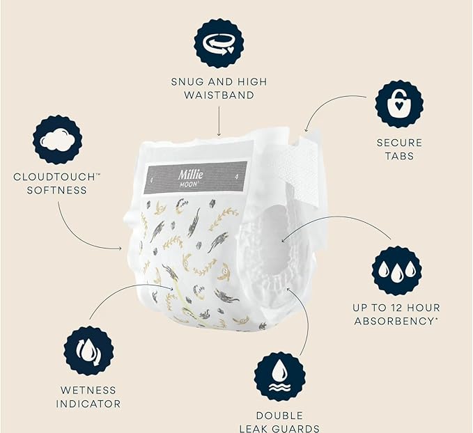 Millie Moon Luxury Disposable Baby Diapers Size 3 I 80 Count I, Ultra Soft Comfort, Absorbent Core for Day & Night Use, Wetness Indicator, Gentle Materials, Secure Fit