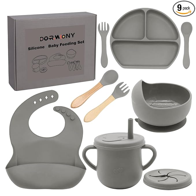100% Silicone baby feeding set,BPA free Baby dishes set with Suction Bowl Divided Plate,Toddler Self Feeding Dish Set with Spoons Forks Sippy Cup And Bib, Baby Eating Utensils (Grey)