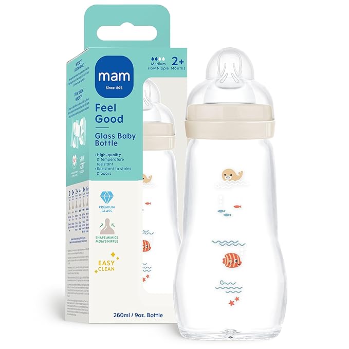 MAM 9oz Premium Glass Baby Bottle for Newborn, Wide Neck Medium Flow Breastfeeding Like Silicone Nipple, Easy Clean, BPA Free, 2+ Months, Easy Switch Between Breast and Bottle, 1 Pack, Unisex