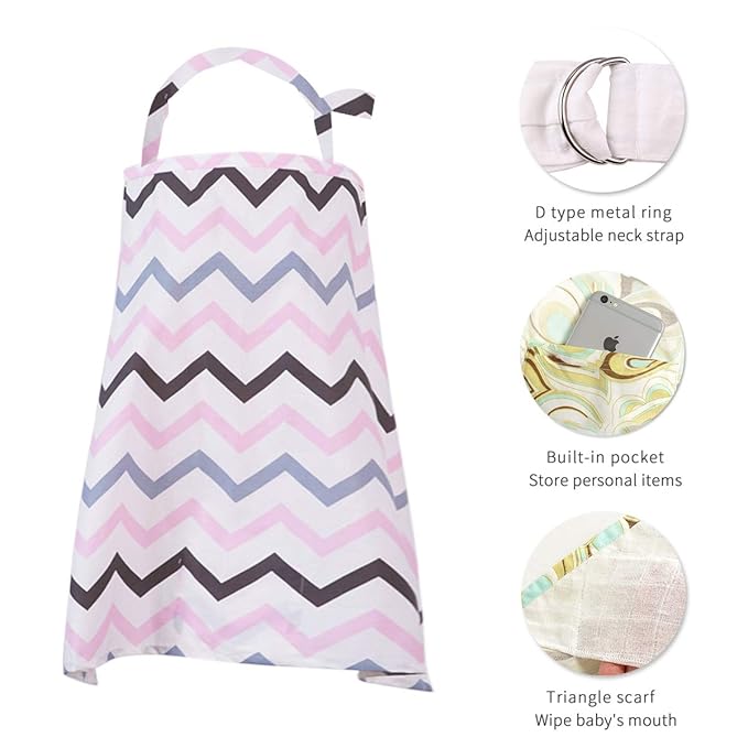 SONARIN Stripes Premium Breastfeeding Nursing Covers,4 in 1 Multifunction,with Storage Bag & Towel Corners,Nursing Scarf,Breathable & Lightweight(Pink)
