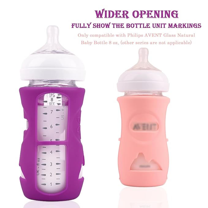 3 Pack Silicone Sleeves for Avent Natural Glass Baby Bottles, Anti Breakage Baby Bottle Holder, Compatible Philips Avent Glass Natural Baby Bottle 8 oz, BPA Free (White+Pink+Purple)
