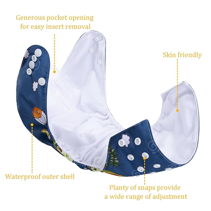babygoal Reusable Cloth Diapers 6 Pack+22 Inserts+3pcs Wet Bags, One Size Adjustable Washable Pocket Nappy Covers for Baby Boys,Rash-Free