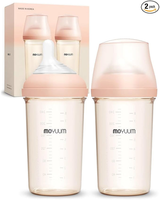 Moyuum MOV.aa Premium PPSU Wide Neck Anti-Colic Baby Bottle | Made in Korea, Microplastic & BPA-Free, Breastfeed Transition, Natural Fit Nipples for Newborns & All Stages - 8 oz (2 Pack, Beige)