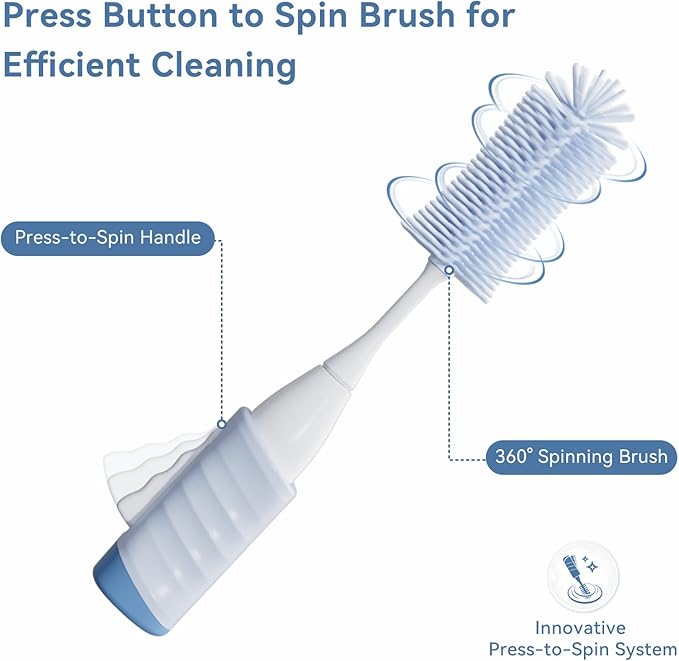 Baby Bottle Brush Set, Innovative Efficient Press-to-Spin Brush Cleaner - Includes Silicone Bottle Brush, Nipple Brush, Straw Cleaner - Spinning Generates Rich Foam for Deep Cleaning, Blue