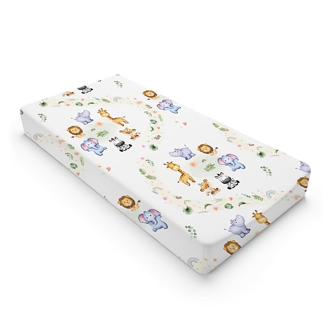 Jungle Safari Animals Tropical Leaves Flowers Changing Pad Covers Lion Elephant Zebra Giraffe Hippo Diaper Change Table Sheets for Girl Boy Soft Stretchy Fitted Changing Mat Sheets 32''x16''
