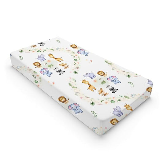Jungle Safari Animals Tropical Leaves Flowers Changing Pad Covers Lion Elephant Zebra Giraffe Hippo Diaper Change Table Sheets for Girl Boy Soft Stretchy Fitted Changing Mat Sheets 32''x16''