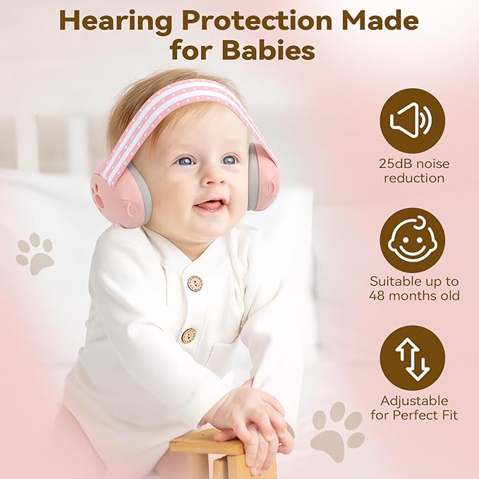Baby Ear Muffs Noise Protection, 2-In-1 Baby Noise Cancelling Headphones for 0-48 Months Infants Toddlers, Travel Essentials for Airplane Fireworks Sleeping Pink