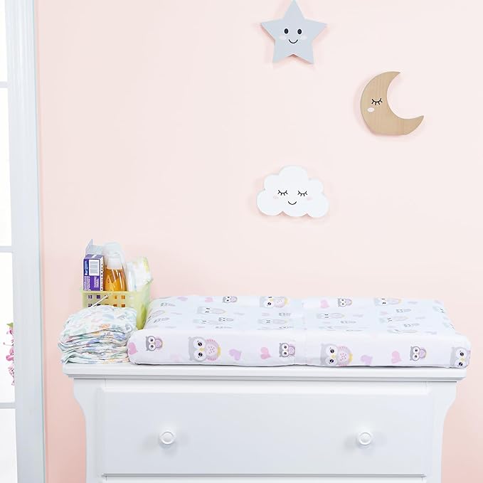 EVERYDAY KIDS 2 Pack Baby Changing Pad Covers for Girls in Solid Pink and Nature Owl Print – Fits Most Changing Table Pads; 100% Cotton Percale Weave, Breathable, Ultra Soft Changing Table Topper