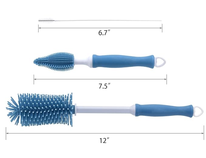 Silicone Cleaning Brush, 12" Long Handle Water Bottle Cleaner for Baby, Sports, Vase, Glassware, and Smaller Diameter Openings