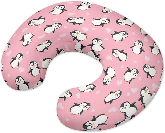 Pink Cartoon Penguin Nursing Pillow Covers Breastfeeding Pillow Slipcover for Newborn Soft Nursing Pillow Case Skin-Friendly U-Shaped Hidden Zipper Design