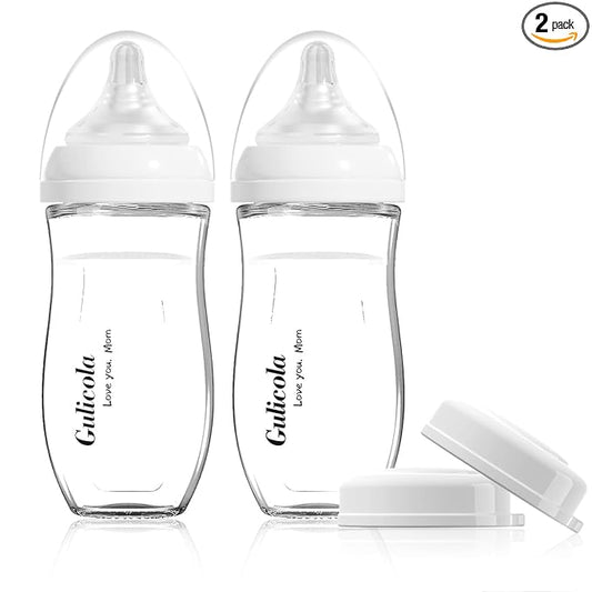 Gulicola Natural Glass Baby Bottle for Breastfed Babies, Anti-Colic Baby Bottle Set with Medium Flow Nipple, 3 Months +, 8 oz, 2 Pack - White