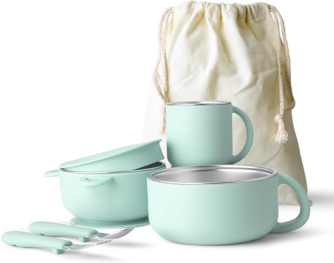 Bakpoco Kids Dinnerware Set - 6 Piese Toddler Plates and Suction Bowls Set with Kids Utensils&Cup, 2 IN 1 Stainless Steel & Silicone Baby Self Feeding Supplies, Sage