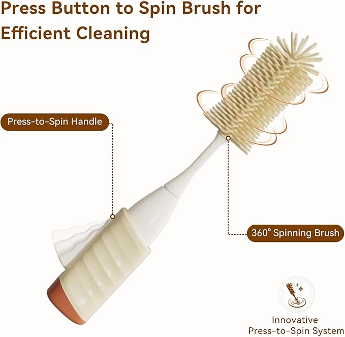 Baby Bottle Brush Set, Innovative Efficient Press-to-Spin Brush Cleaner - Includes Silicone Bottle Brush, Nipple Brush, Straw Cleaner - Spinning Generates Rich Foam for Deep Cleaning, Red