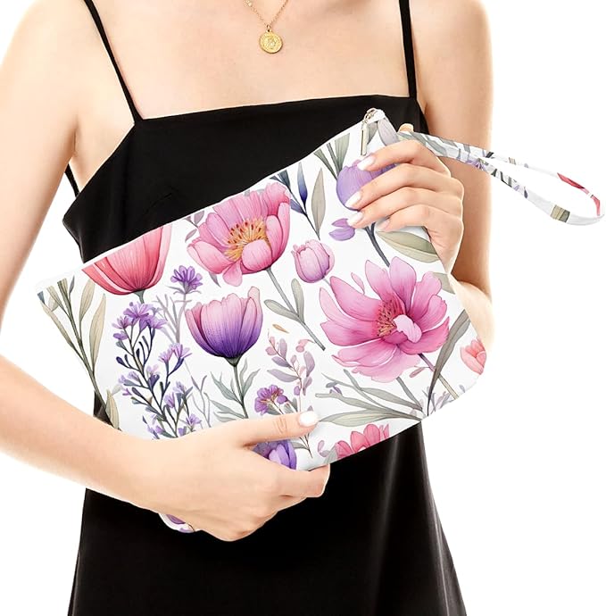 Fokongna Floral Print Wet Bag, Small Portable Waterproof Multi-Functional Organizer for Women, Pink Purple Ombre Flora, Ideal for Daily, Beach & Travel