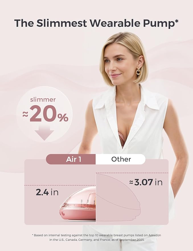 Momcozy Air 1 Wearable Breast Pump, Ultra-Slim Hands-Free Breast Pump with Wireless Charging Case, Top-View Visible, App Control, Auto Mode Switching, Milk Tracking & Full-Collector Alerts, 6oz