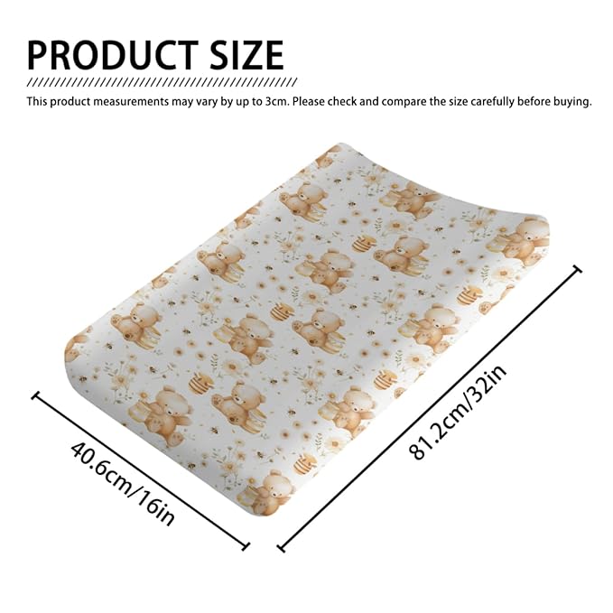 Cute Bears Bee Flowers Floral Pattern Baby Changing Pad Cover, Unisex Bear Nursery Diaper Changing Table Pad Mat Sheet for Boys Girls-16x32