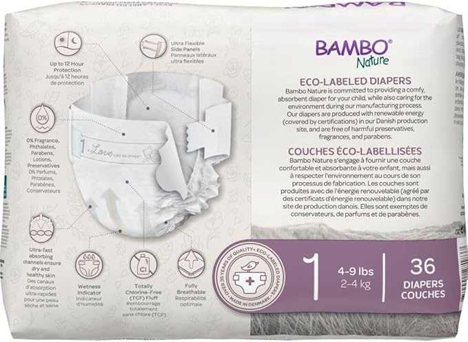 Bambo Nature Premium Eco-Friendly Baby Diapers, Size 1 (4-9 Lbs), 36 Count