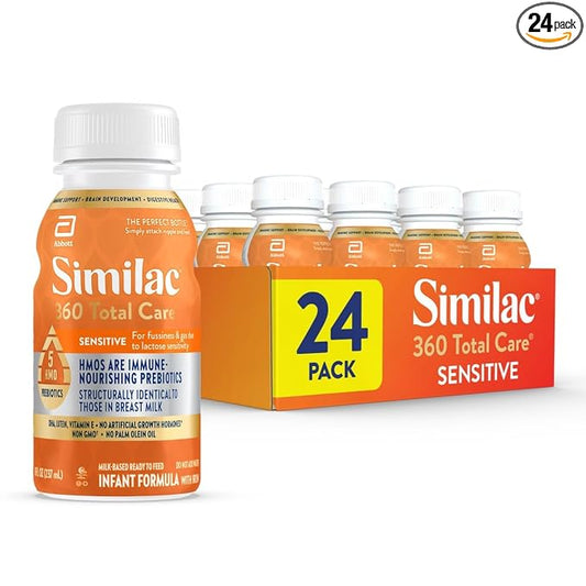Similac 360 Total Care Sensitive Infant Formula for Fussiness & Gas Due to Lactose Sensitivity, Has 5 HMO Prebiotics, Liquid Baby Formula, Ready to Feed, 8-fl-oz Bottle, Pack of 24