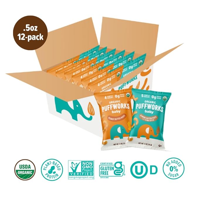 Puffworks Baby Peanut and Almond Variety Pack, Perfect for Early Peanut Introduction, Plant Protein, No Added Sugar, USDA Organic, Gluten-Free, Vegan, Non-GMO, Kosher, 0.5 Ounce (Pack of 12)